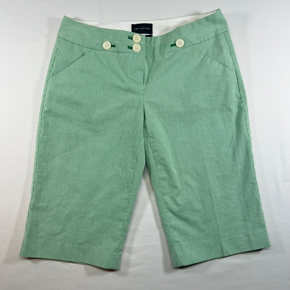 The Limited Drew Fit Green White Seersucker Striped Bermuda Shorts Womens Size 0